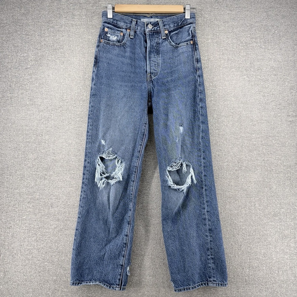 Levis Ribcage Straight Ankle Jeans Women Size 24x27 Blue Demin Distressed